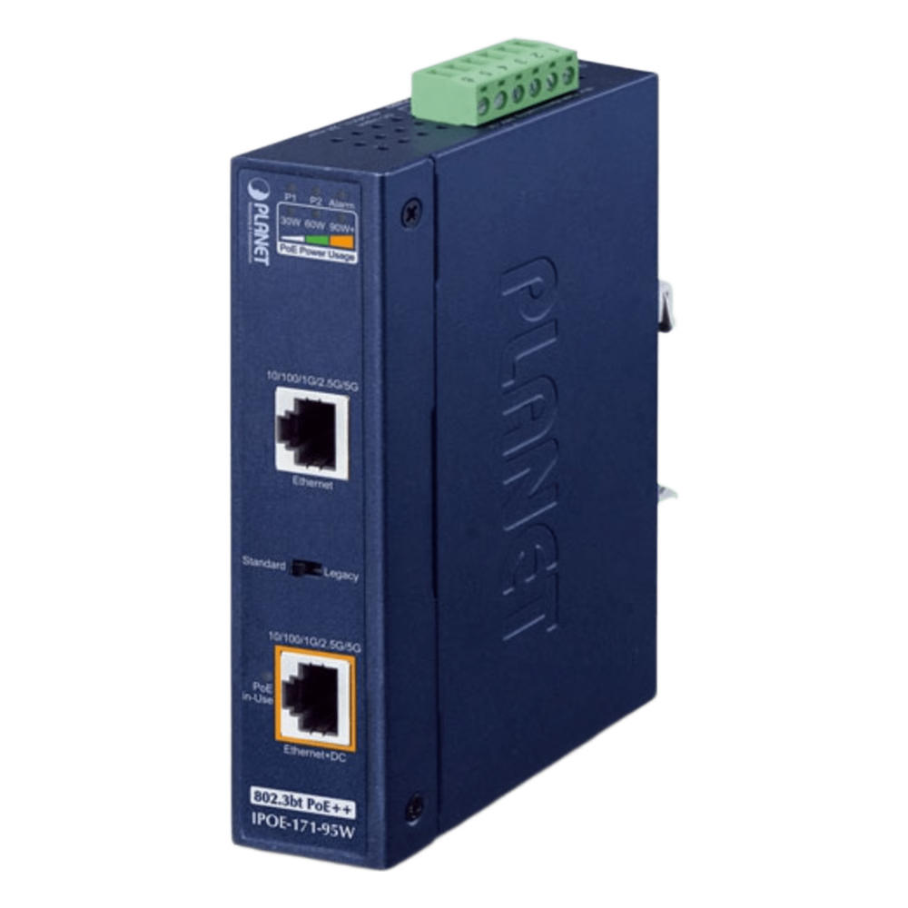 INYECTOR INDUSTRIAL, MULTI-GIGABIT 802.3BT POE++ / 95W / 2 PUERTOS RJ45 / 10M/100M/1G/2.5G/5GBPS / IP30 / -40 A 75°C / MONTAJE EN RIEL DIN O PARED