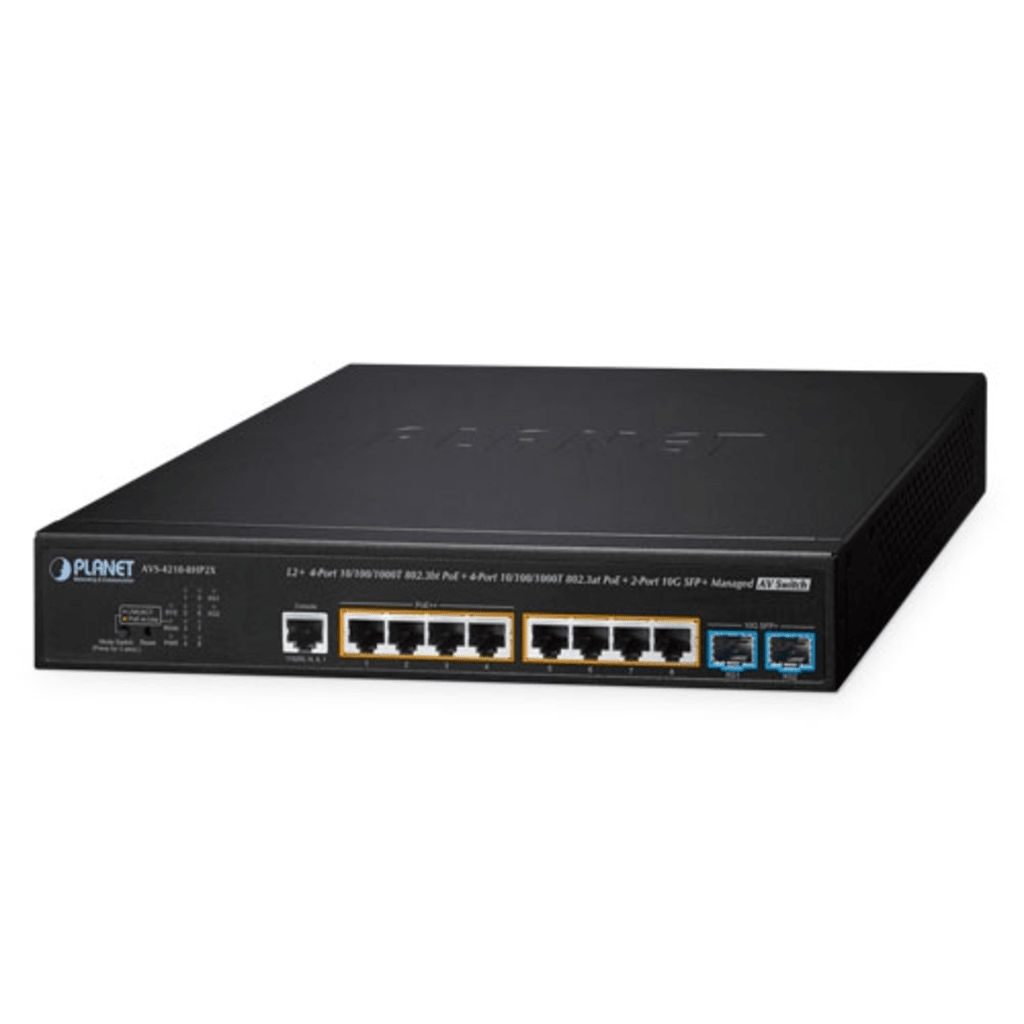 SWITCH AV ADMINISTRABLE CAPA 2/ COMPATIBLE CON DANTE / 4 PUERTOS GIGABIT POE++ 802.3BT 95W + 4 PUERTOS GIGABIT POE+ 802.3AT 32W + 2 PUERTOS 10G SFP+ / PRESUPUESTO POE 240W / DUAL UI PRO AV Y STANDARD / COMPATIBILIDAD DANTE Y NDI / FANLESS / VLAN ROUTING I