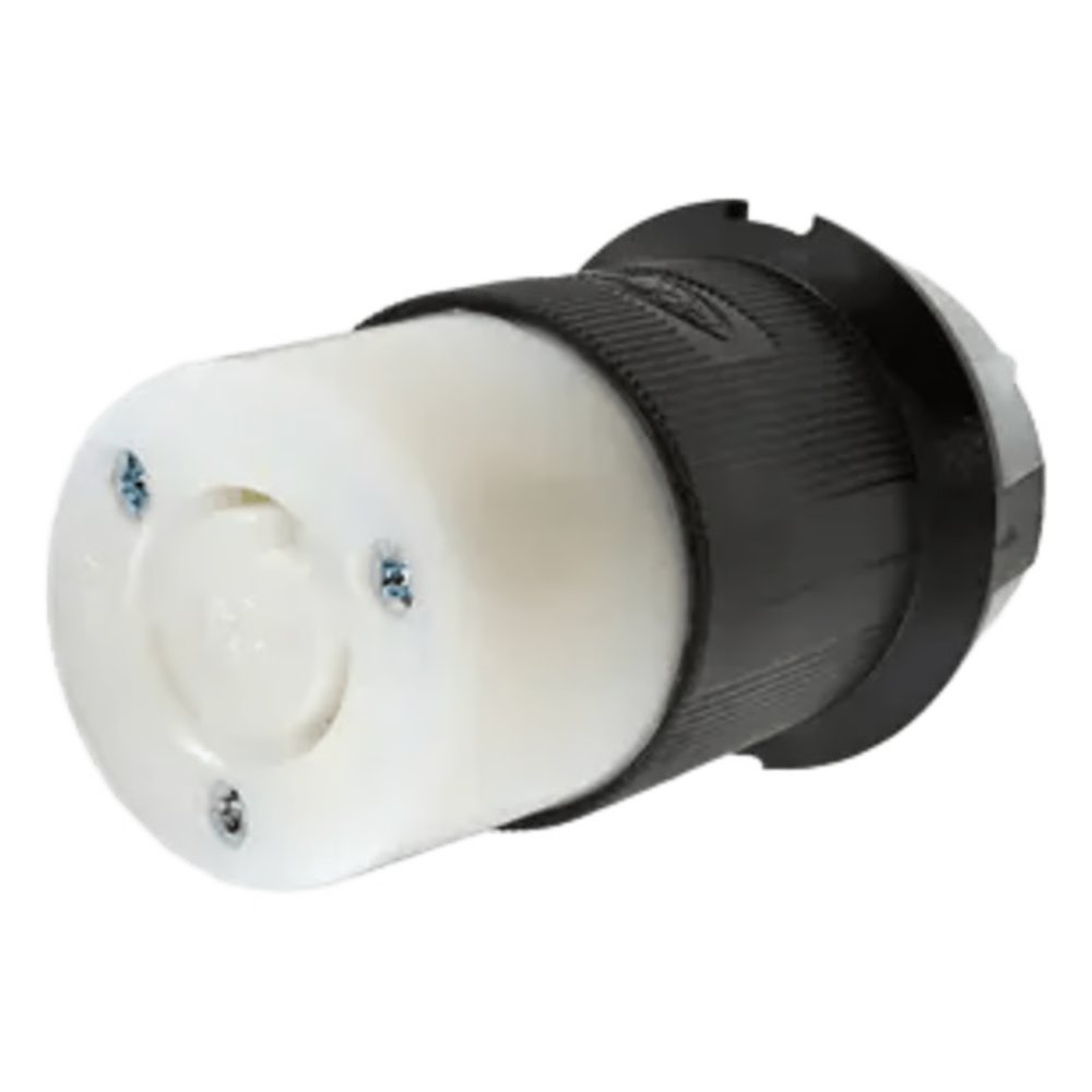 CONECTOR INDUSTRIAL CON BLOQUEO DE MEDIA VUELTA / 20 A 250 V CA / 2 POLOS 3 HILOS / COLOR BLANCO Y NEGRO / NEMA L6-20R.