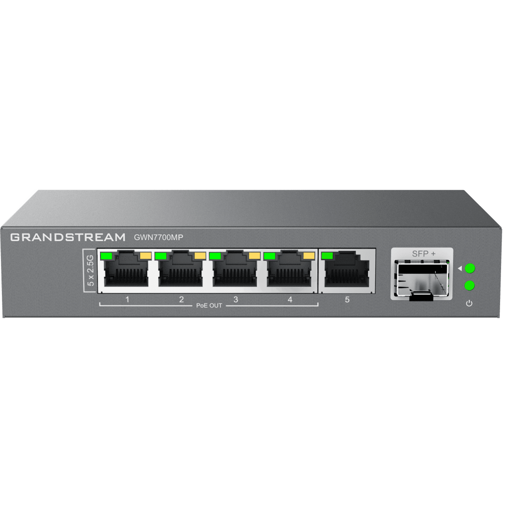 SWITCH DE RED MULTI-GIGABIT NO ADMINISTRABLE / 5 PUERTOS DE2.5 GBPS (4 POE) / PUERTO SFP+ FIBRA 1 O 10 GBPS / MONTAJE EN ESCRITORIO O PARED / PLUG-AND-PLAY / TECNOLOGÍA VERDE-Networking-GRANDSTREAM-Bsai Seguridad & Controles