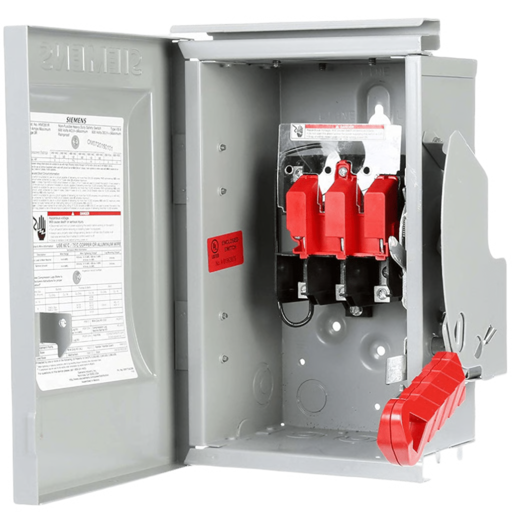 INTERRUPTOR DE SEGURIDAD HNF363R, 600VCA, 3 POLOS, 100 AMP, SIN PORTAFUSIBLES, NEMA 3R.