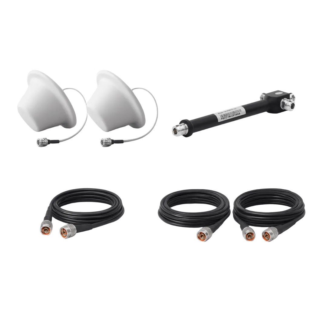 KIT DE 2 ANTENAS OMNIDIRECCIONAL TIPO DOMO Y DIVISOR DE POTENCIA DE 3 SALIDAS / JUMPERS COAXIALES DE 3 M Y DOS DE 15 M CON CONECTORES N MACHO