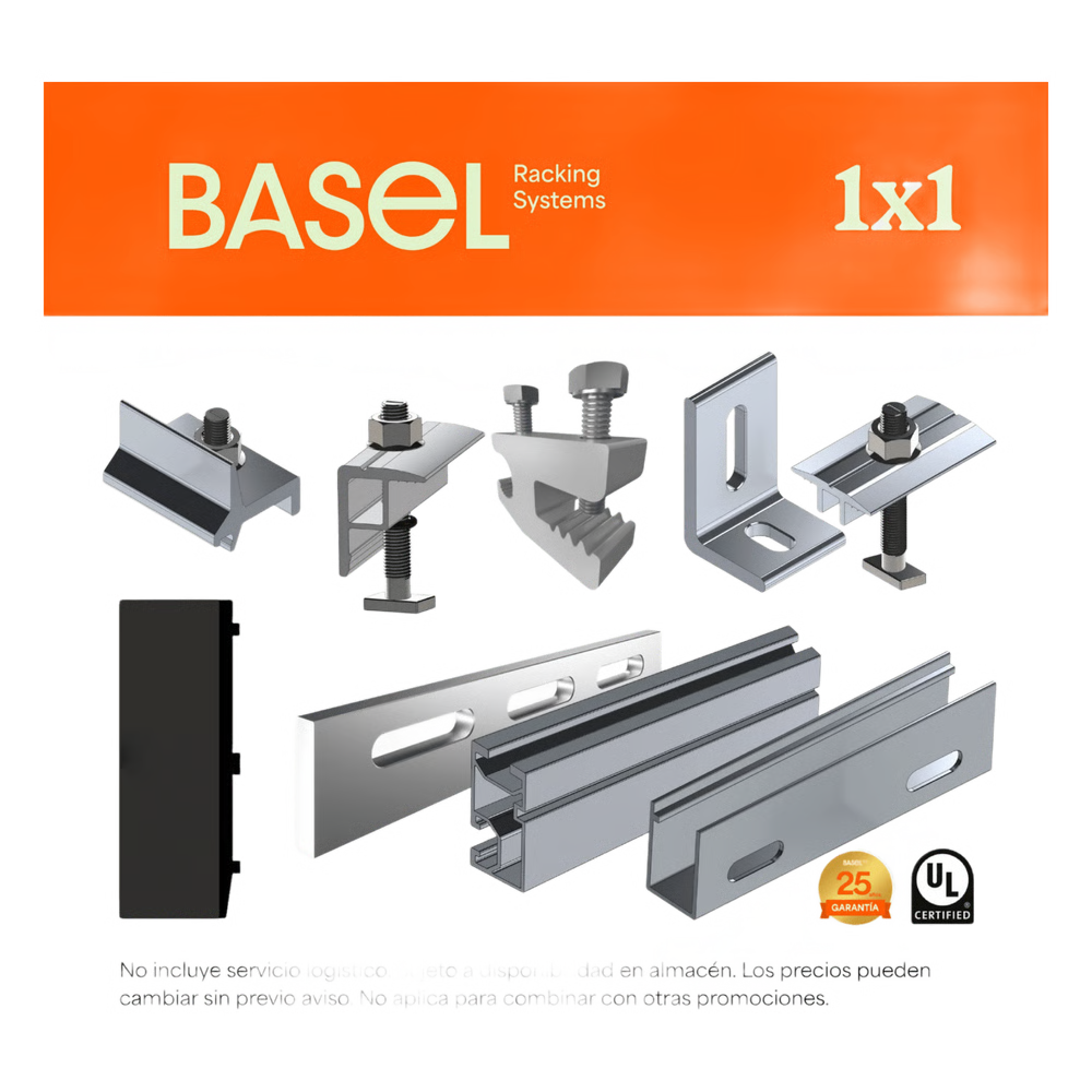 SISTEMA DE MONTAJE SOLAR BASEL / FLAT ROOF SINGLE ROW / 1 MODULO / RIEL N RAIL 4.72 / SOPORTES N3 BASEL / RESISTENCIA VIENTO 140 KM/H / INCLINACION 15 GRADOS
