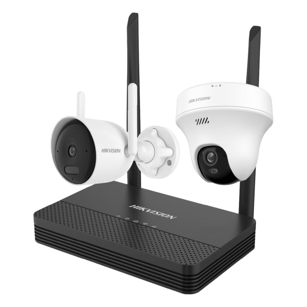 KIT IP INALÁMBRICO 2 MEGAPÍXEL / NVS 4 CANALES / 1 CÁMARA BALA EXTERIOR + 1 CÁMARA TURRET INTERIOR CON LENTE 2.8 MM Y DUAL LIGHT / AUDIO BIDIRECCIONAL (MICRÓFONO Y BOCINA) / SOPORTA MICRO SD DE 512 GB