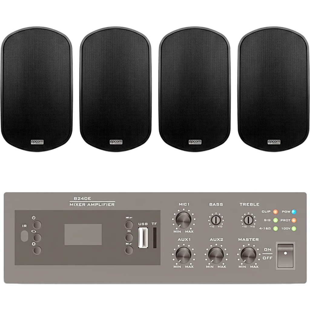 KIT DE AMPLIFICADOR DE 240W PARA ESCRITORIO | 4 ALTAVOCES DE PARED COLOR NEGRO 3W - 50W | SISTEMA 70/100V