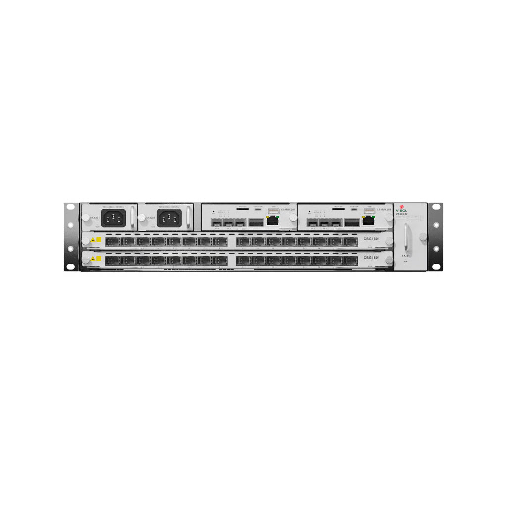 OLT MODULAR TIPO CHASIS GPON/XGS-PON COMBO,1 TARJETA DE SERVICIO DE 16 PUERTOS GPON, 2 RANURAS, 1 FUENTE DE ALIMENTACIÓN AC, 2 UR
