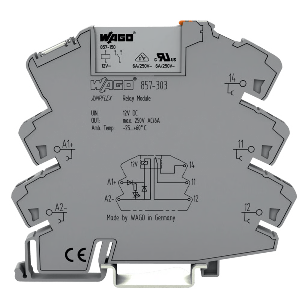 MÓDULO RELÉ 12V DC / 1 INVERSOR / 6A CORRIENTE PERMANENTE / PUSH-IN CAGE CLAMP® / INDICADOR LED AMARILLO / AISLAMIENTO REFORZADO / IP20 / CARRIL DIN-35