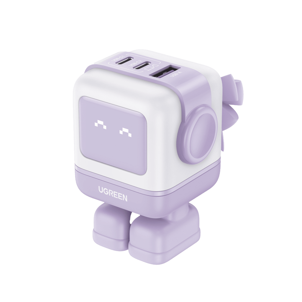 CARGADOR ROBOTGAN DE 65W SERIE UNO | 3 PUERTOS DE CARGA RAPIDA | 2 USB-C | 1 USB-A | PD 3.0 | QC 4.0 | CARGA INTELIGENTE | TECNOLOGIA GAN II | ZAPATO MAGNETICO EXTRAIBLE | CARCASA IGNIFUGA | PANTALLA LED