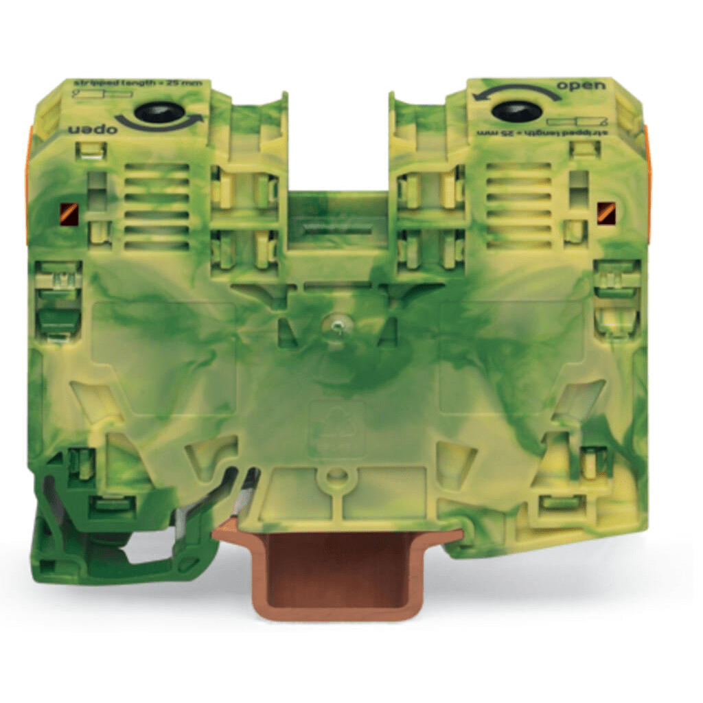 BORNA DE TIERRA, 2 CONDUCTORES 35 MM², POWER CAGE CLAMP, POLIAMIDA PA66, MONTAJE CARRIL DIN 35X15, VERDE-AMARILLO, APLICACIONES FERROVIARIAS Y MARINAS