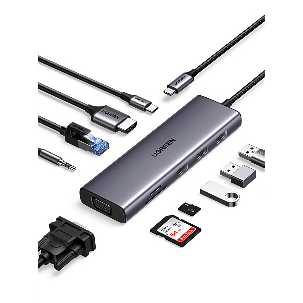 HUB USB-C 10 EN 1 / HDMI 4K@30HZ + VGA 1920X1200 / 3X USB 3.0 5GBPS / ETHERNET GIGABIT / SD/TF CARD READER / PD 100W / AUDIO 3.5MM / DOBLE PANTALLA SIMULTÁNEA / PLUG & PLAY UNIVERSAL