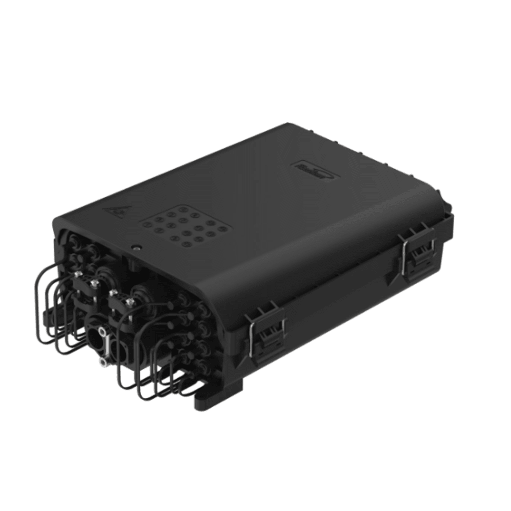 HUB BOX PRECONECTORIZADA EASYCONN® DE FIBERHOME PARA EXTERIOR, IP68, HASTA 96 EMPALMES, INCLUYE 2 SPLITTERS 1*4