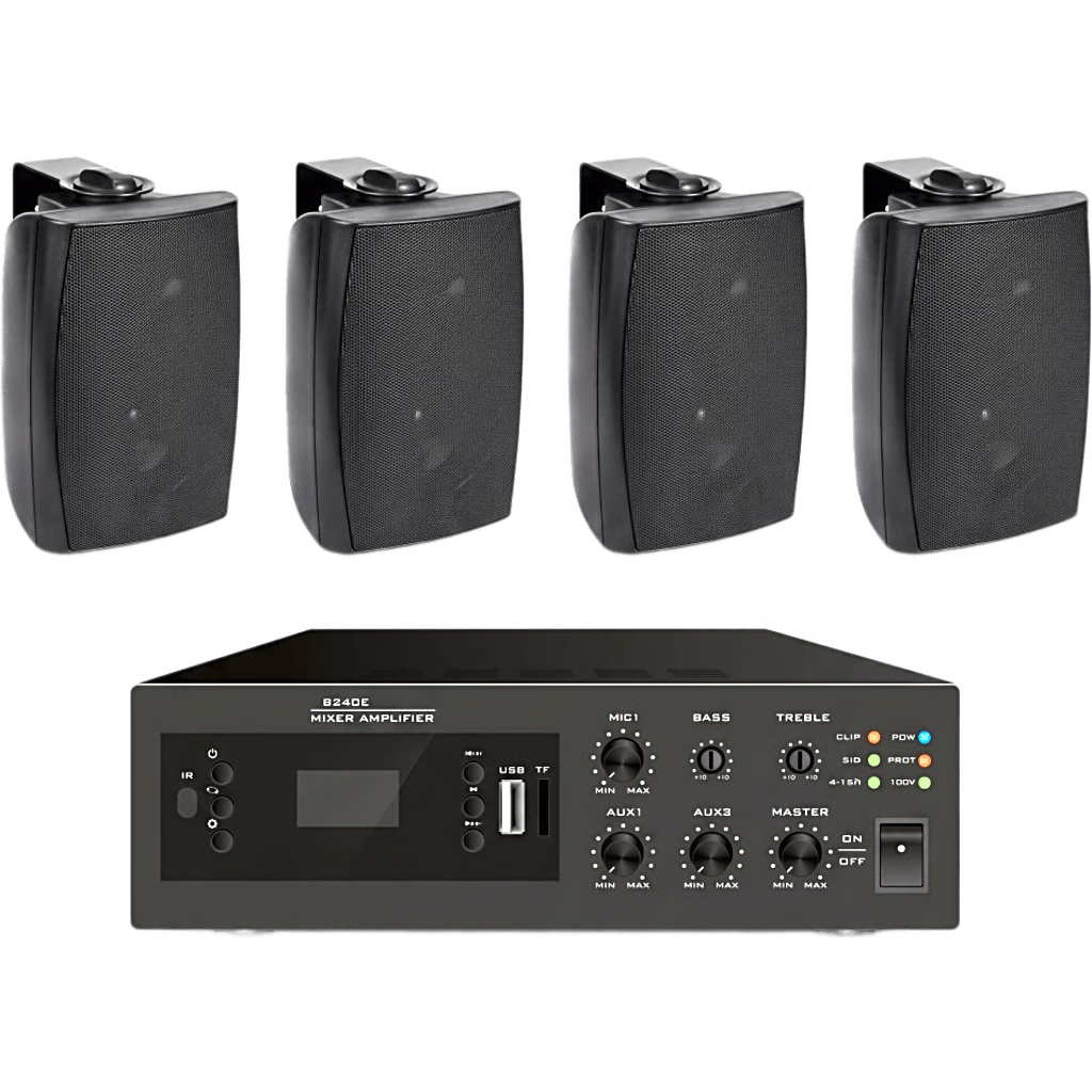 KIT DE AMPLIFICADOR DE 240W PARA ESCRITORIO | 4 ALTAVOCES DE PARED COLOR NEGRO 2.5W - 20W | SISTEMA 70/100V