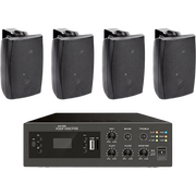 KIT DE AMPLIFICADOR DE 240W PARA ESCRITORIO | 4 ALTAVOCES DE PARED COLOR NEGRO 2.5W - 20W | SISTEMA 70/100V