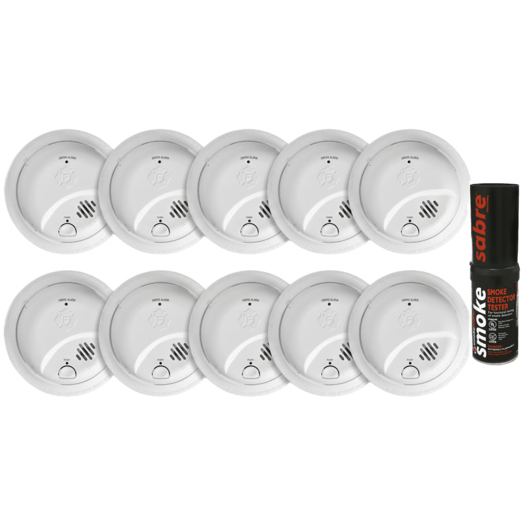 KIT DE 10 DETECTORES DE HUMO AUTÓNOMOS FIRST ALERT POR IONIZACIÓN / ALARMA 85 DB / BOTÓN PRUEBA Y SILENCIO / PROBADOR SABRE SDI