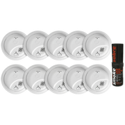 KIT DE 10 DETECTORES DE HUMO AUTÓNOMOS FIRST ALERT POR IONIZACIÓN / ALARMA 85 DB / BOTÓN PRUEBA Y SILENCIO / PROBADOR SABRE SDI