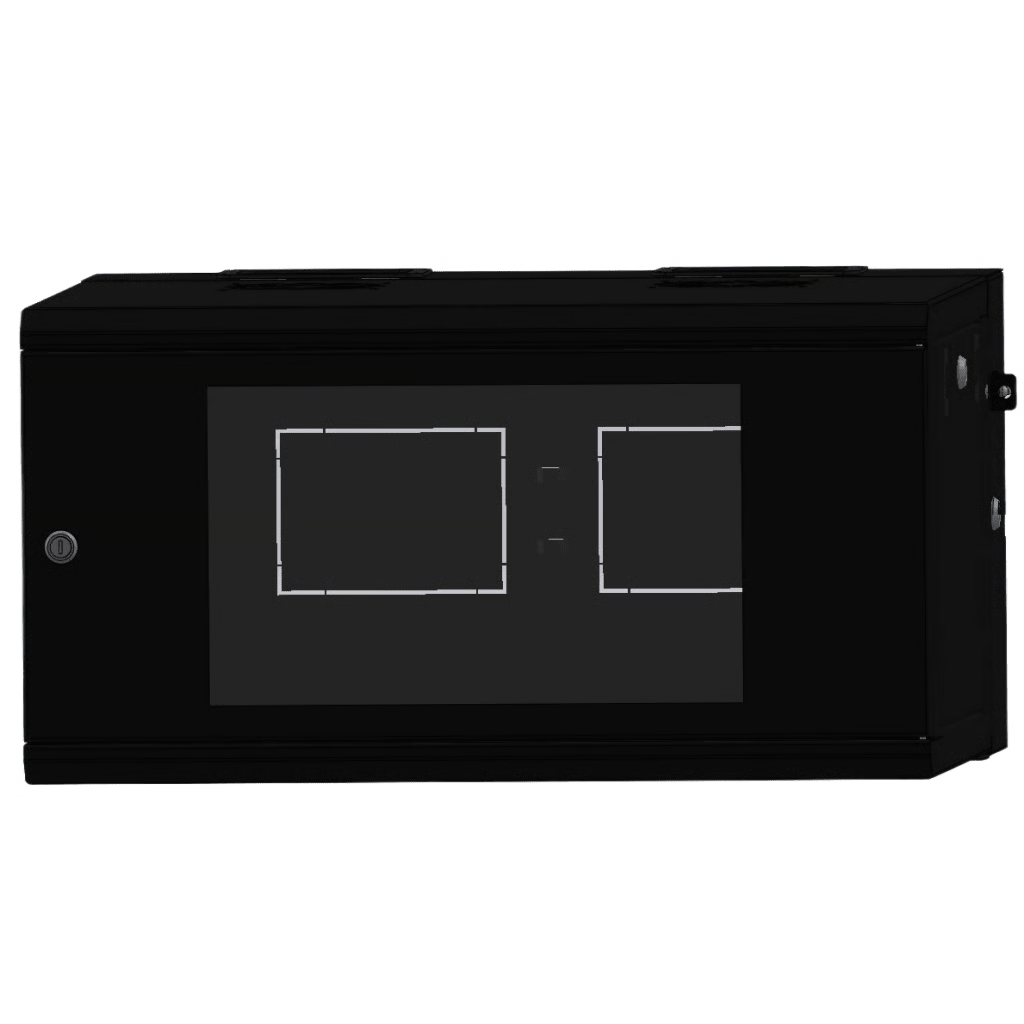 GABINETE RACKEABLE / 06 UNIDADES / PARED 19 PULGADAS / PUERTA DE CRISTAL / PINTURA ELECTROESTÁTICA NEGRO / ABATIBLE 120° / VENTILACIÓN 120 MM