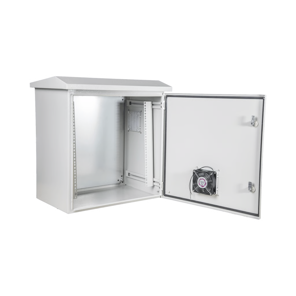 KIT GABINETE VENTILADO DE ACERO, MONTAJE RACK 19" 11U, IP55 USO EN EXTERIOR (593 X 609 X 399 MM) CON PLACA TRASERA INTERIOR METÁLICA Y COMPUERTA INFERIOR ATORNILLABLE. INCLUYE VENTILADOR, VENTILAS, FILTROS, TERMINAL DE TIERRA FÍSICA, CH