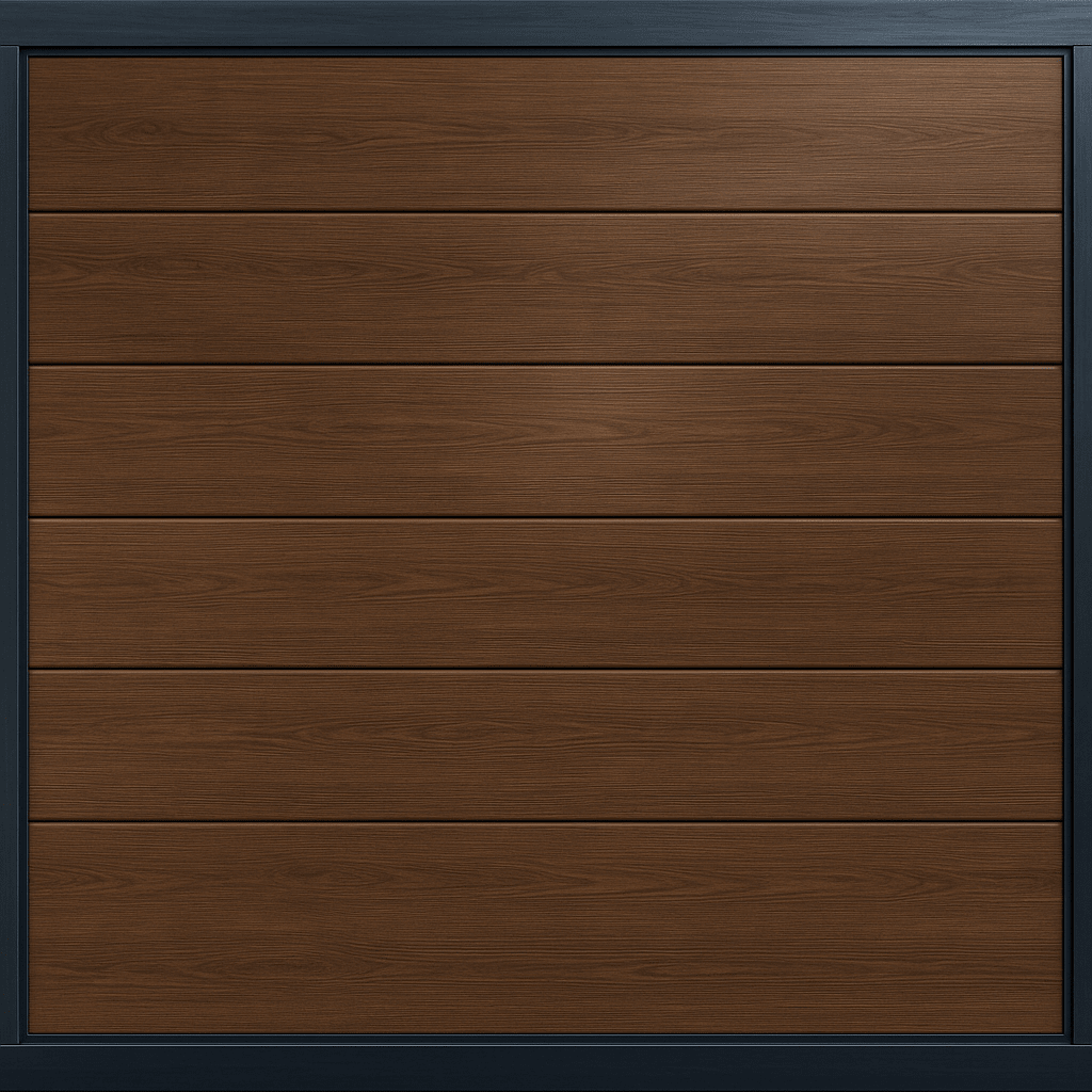 PUERTA DE GARAGE DE ALTA CALIDAD / LINEA CENTRAL / IMITACION MADERA / OSCURA / 18X9 PIES / AISLADA / ESTILO AMERICANA.