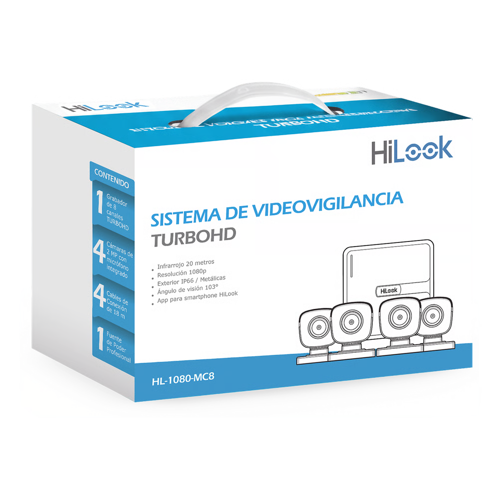 KIT TURBOHD 1080P / DVR 8 CANALES CON H.265+ / 4 CÁMARAS BALA METÁLICAS / FUENTE DE PODER / ACCESORIOS DE INSTALACIÓN