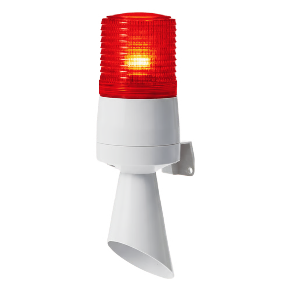 LUZ LED CON PATRONES DE DESTELLO FIJO Y DESTELLANTE CON BUZZER INCORPORADO DE ALTO VOLUMEN MÁX. 95 DB COLOR ROJO 24 VCD
