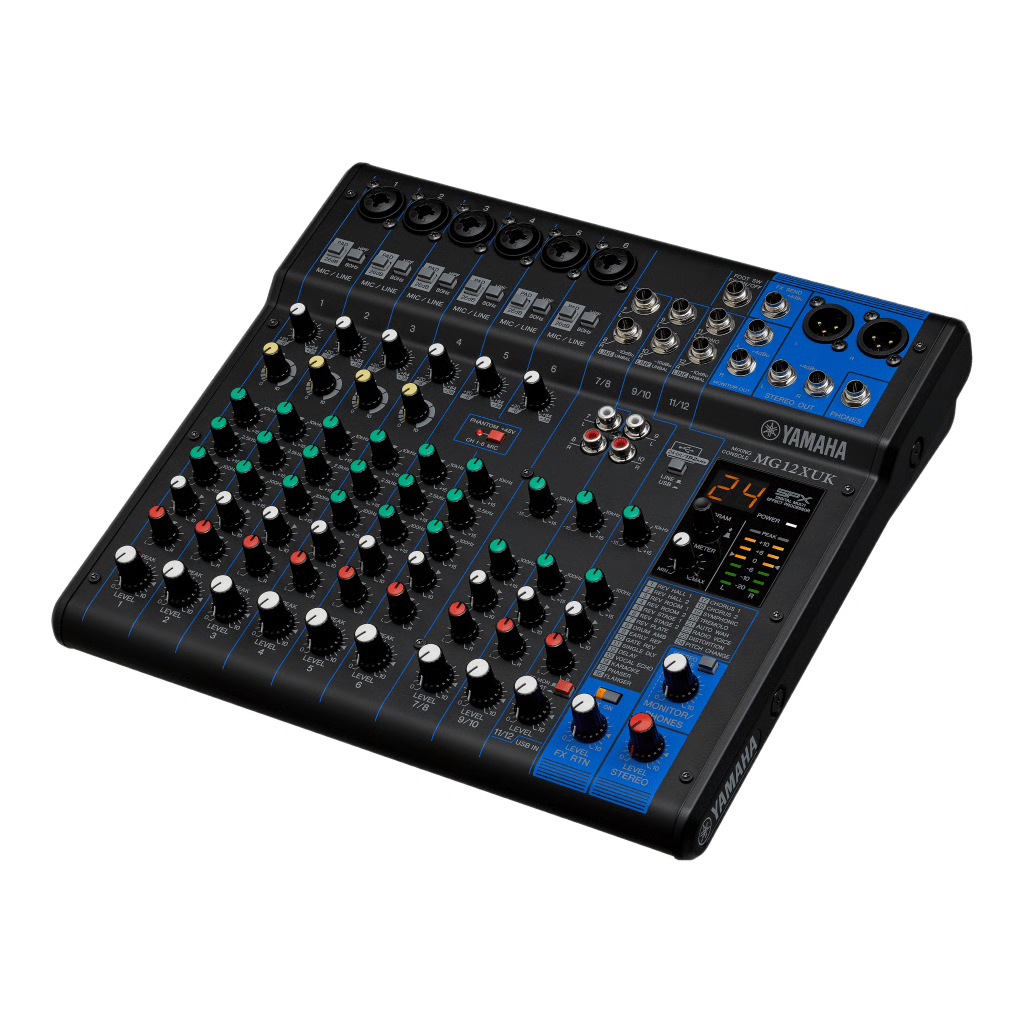 MEZCLADORA DE AUDIO | 12 CANALES | 6 ENTRADAS DE MICRÓFONO/LÍNEA | 2 ENTRADAS ESTÉREO | EFECTOS INTEGRADOS | ALIMENTACIÓN PHANTOM | USB | CON PERILLAS DE NIVEL