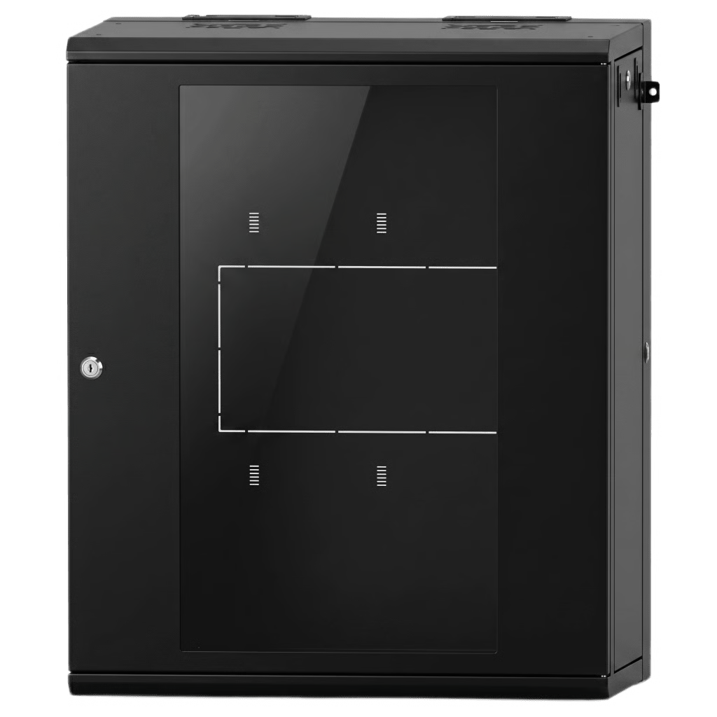 GABINETE RACK / 16 UNIDADES RACK (UR) / PUERTA CRISTAL TEMPLADO / MONTAJE PARED / ACERO CALIBRES 18-22 / ABATIBLE 120° / VENTILACIÓN 120 MM