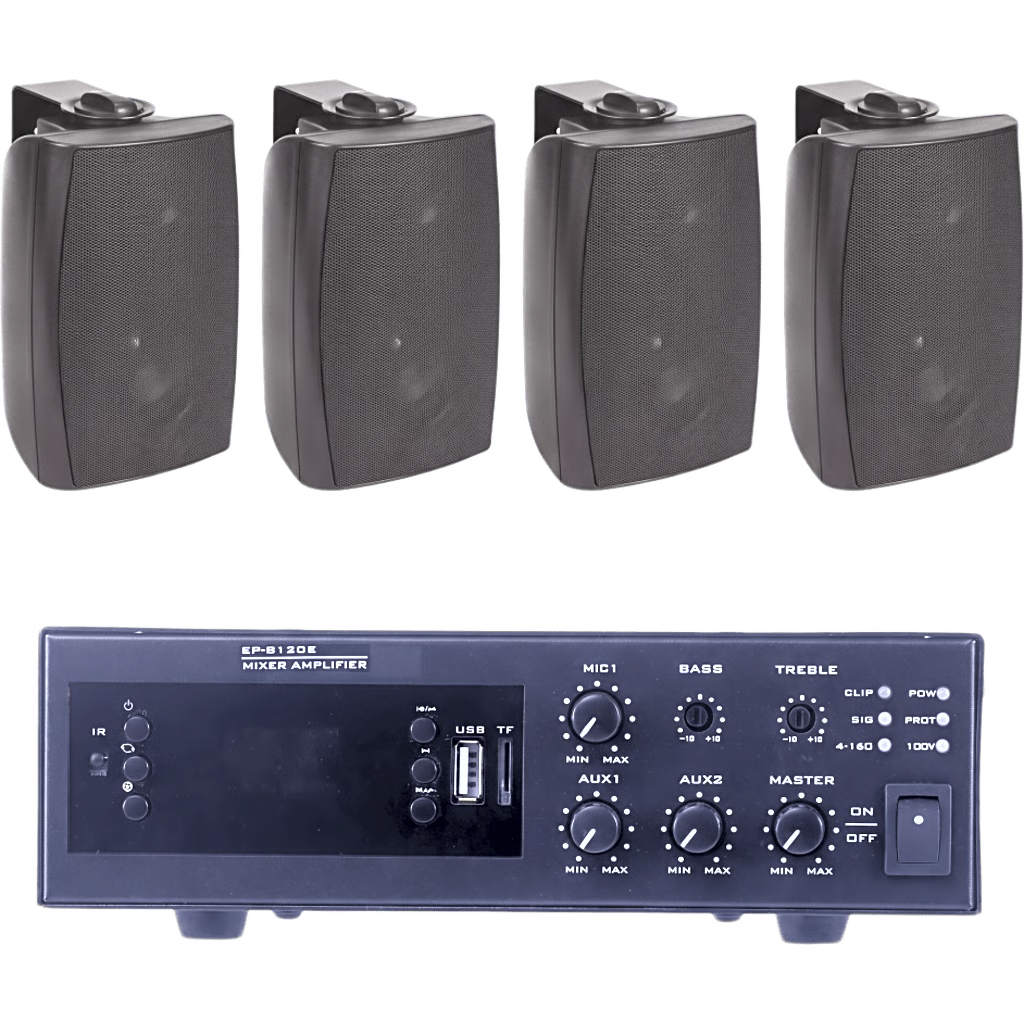 KIT DE AMPLIFICADOR DE 120W PARA ESCRITORIO | 4 ALTAVOCES DE PARED COLOR NEGRO 2.5W - 20W | SISTEMA 70/100V