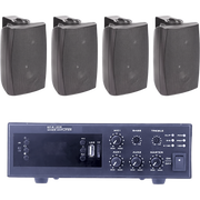 KIT DE AMPLIFICADOR DE 120W PARA ESCRITORIO | 4 ALTAVOCES DE PARED COLOR NEGRO 2.5W - 20W | SISTEMA 70/100V