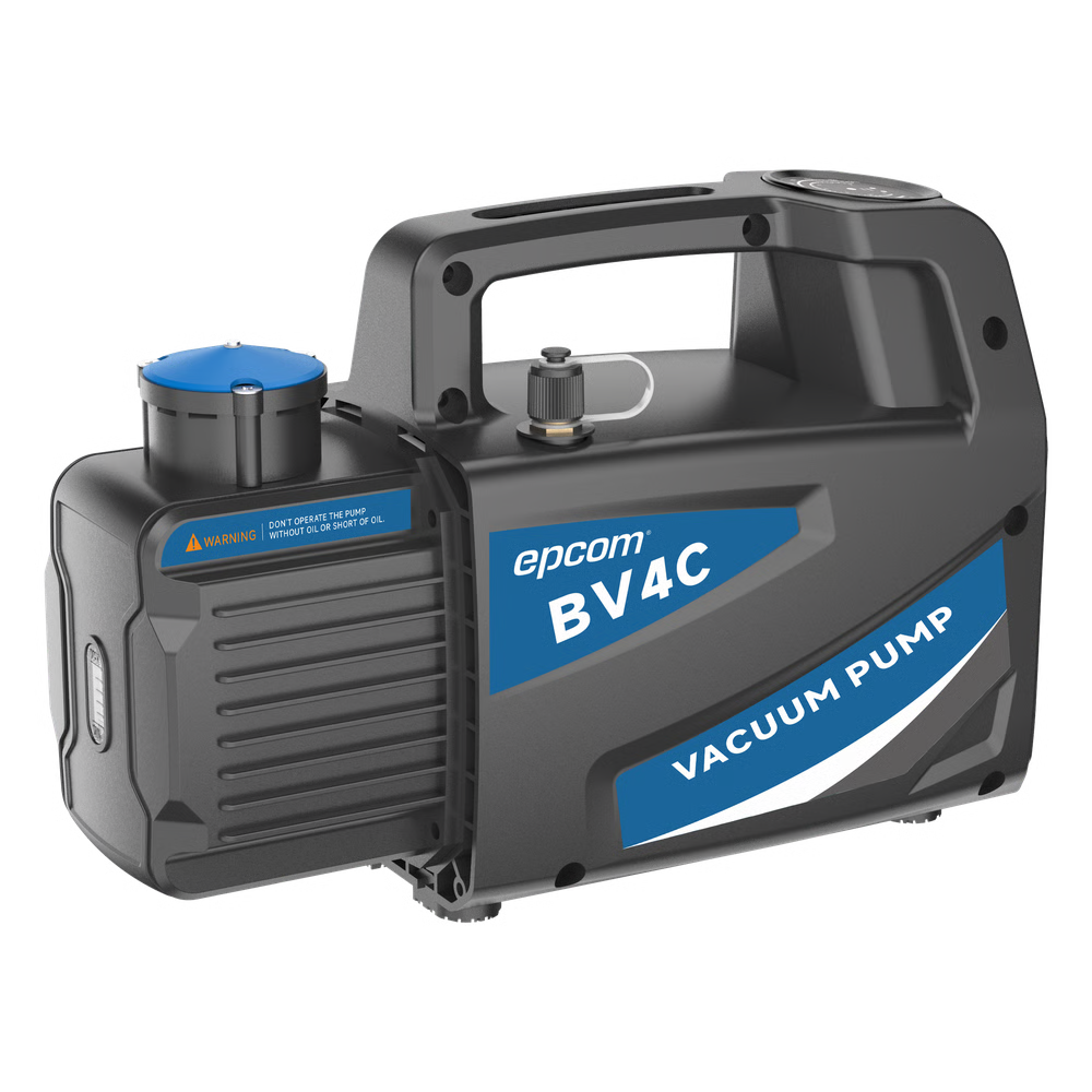 BOMBA DE VACÍO GENERAL BV4C / VACÍO FINAL 150 MICRONES / CAUDAL 4 CFM (114 L/MIN) / POTENCIA 1/4 HP / DISEÑO ANTI-RETROCESO DE ACEITE / MONTAJE SUPERIOR DEL MOTOR / VÁLVULA ANTIRRETORNO INTEGRADA / PUERTO 1/4 SAE