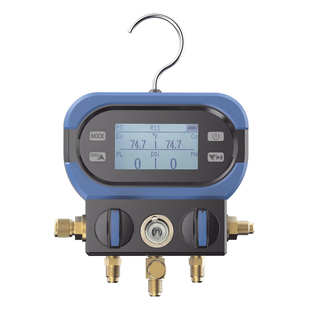 MANIFOLD DIGITAL DMAA 2 VÁLVULAS / SENSOR DIGITAL ALTA PRECISIÓN / PANTALLA LCD RETROILUMINADA / RANGO -14 A 800 PSI (55 BAR) / COMPATIBILIDAD MÚLTIPLES REFRIGERANTES / DISEÑO ANTI-CAÍDAS / INCLUYE 3 MANGUERAS Y ADAPTADO