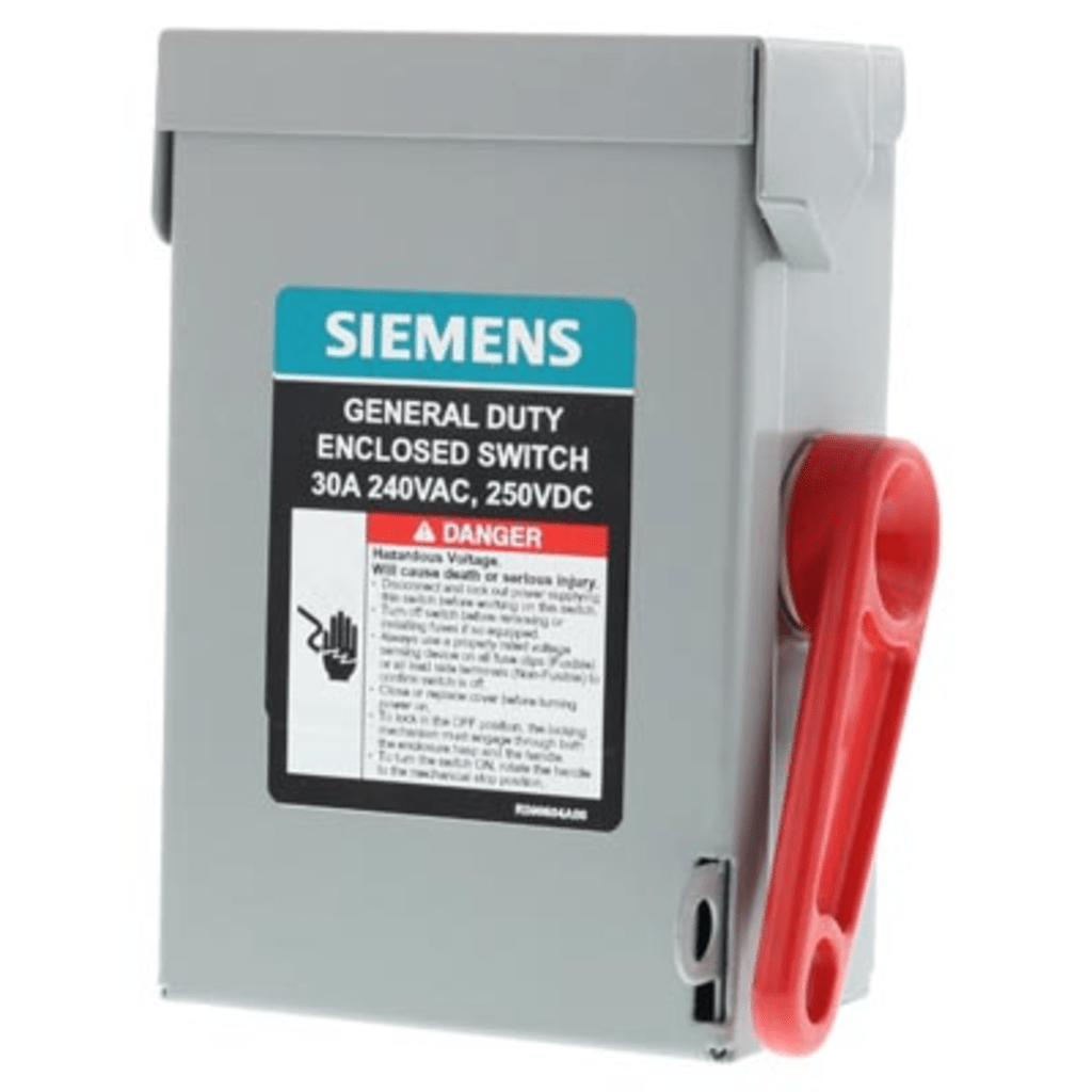 INTERRUPTOR DE SEGURIDAD CERRADO DE DOBLE RUPTURA. INTERRUPTOR DE SERIE A, 2 POLOS, 2 HILOS SIN FUSIBLE, USO GENERAL.-Área Eléctrica-SIEMENS-Bsai Seguridad & Controles