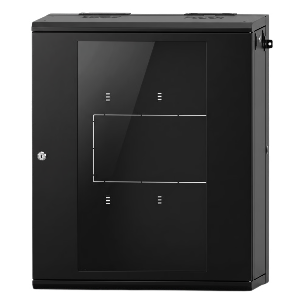 GABINETE RACKEABLE 24 UR / 19 PULGADAS / PUERTA DE CRISTAL / ACERO CALIBRES 18 Y 22 / MONTAJE EN PARED / CAPACIDAD DE CARGA 80 KG / PINTURA ELECTROESTÁTICA NEGRA / ABATIBLE 120° / LATERALES REMOVIBLES