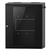 GABINETE RACKEABLE 24 UR / 19 PULGADAS / PUERTA DE CRISTAL / ACERO CALIBRES 18 Y 22 / MONTAJE EN PARED / CAPACIDAD DE CARGA 80 KG / PINTURA ELECTROESTÁTICA NEGRA / ABATIBLE 120° / LATERALES REMOVIBLES