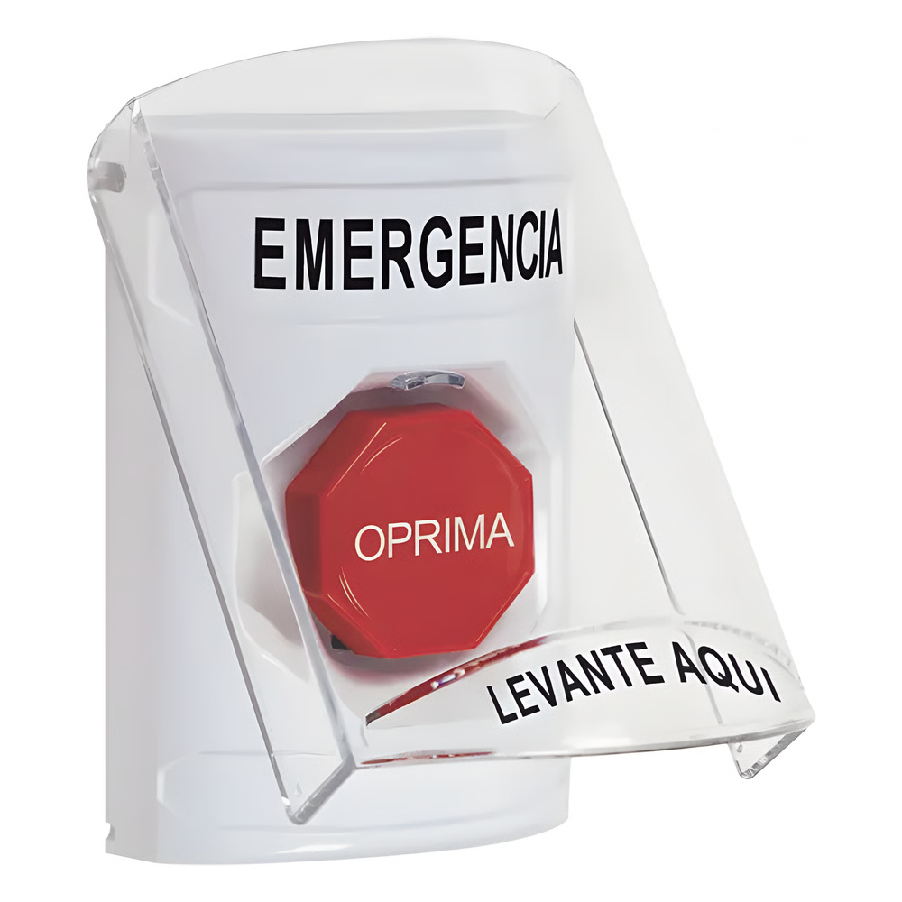?BOTÓN MULTIPROPÓSITO, COLOR BLANCO, DE SUPERFICIE, CON TAPA DE POLICARBONATO, CON BOCINA PRE ALARMA, SOLO INTERIOR, LLAVE PARA RESTABLECER, TEXTO DE EMERGENCIA, ESPAÑOL