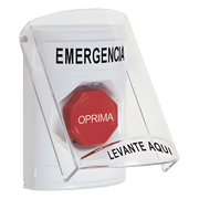 ?BOTÓN MULTIPROPÓSITO, COLOR BLANCO, DE SUPERFICIE, CON TAPA DE POLICARBONATO, CON BOCINA PRE ALARMA, SOLO INTERIOR, LLAVE PARA RESTABLECER, TEXTO DE EMERGENCIA, ESPAÑOL