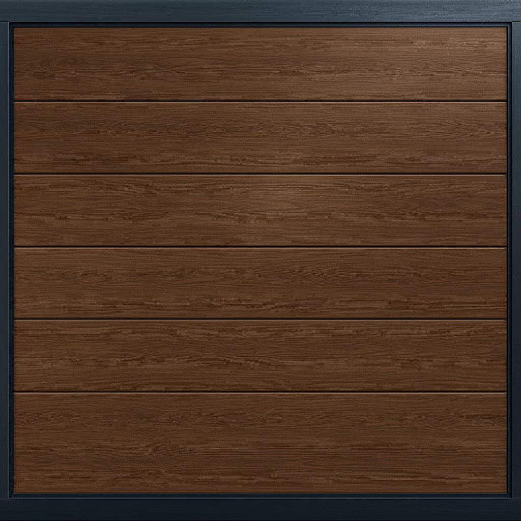 PUERTA DE GARAGE DE ALTA CALIDAD / LINEA CENTRAL / IMITACION MADERA / OSCURA / 16X9 PIES / AISLADA / ESTILO AMERICANA.