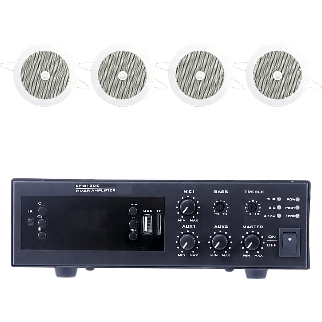 KIT DE AMPLIFICADOR DE 120W PARA ESCRITORIO | 4 ALTAVOCES DE PLAFÓN DE 4" | 3 - 6W | SISTEMA 70/100V