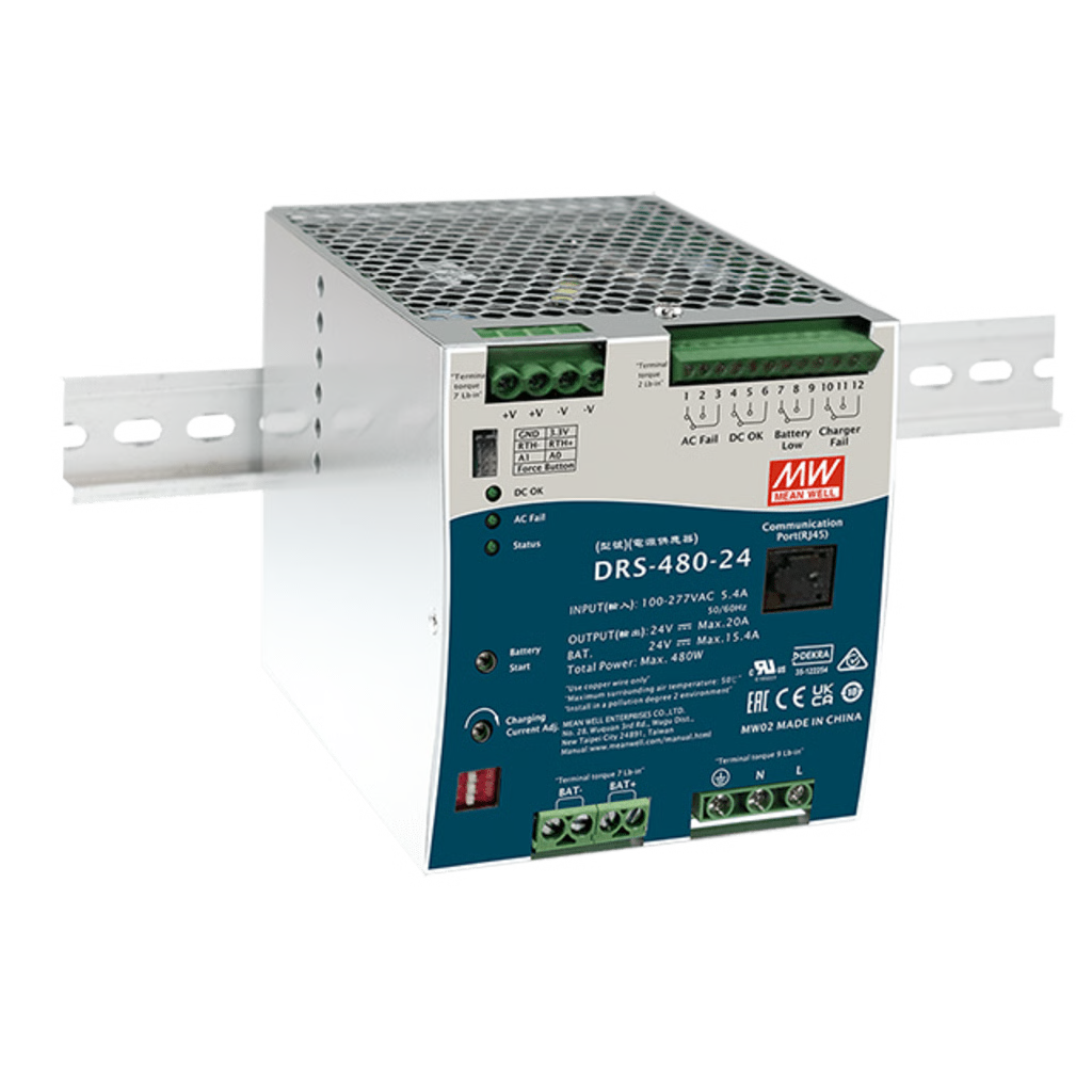 FUENTE DE PODER INDUSTRIAL DE 480W CON CARGADOR DE BATERÍAS, SALIDA 24VCC, 20A, PARA MONTAJE RIEL DIN