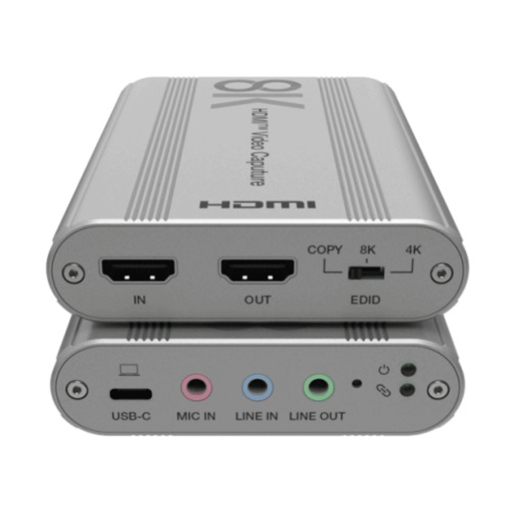 TARJETA DE CAPTURA HDMI 8K A USB 3.2 GEN 1 | RESOLUCIÓN 8K@60HZ Y 4K2K@144HZ | ANCHO DE BANDA 48GBPS | MEZCLA DE AUDIO HDMI-MICRÓFONO-LÍNEA | COMPATIBILIDAD MULTIPLATAFORMA WINDOWS-MACOS-LINUX | CARCASA DE ALUMINIO PLATEADO