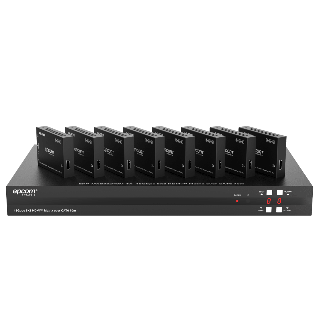 MATRIZ HDMI 8X8 | 4K@60HZ 4:4:4 | 8 SALIDAS HDMI + 8 CAT | EXTENSIÓN HASTA 70 M | AUDIO HD | CONTROL IR/LAN/RS-232/WEB GUI-ProAV-EPCOM PROAUDIO-Bsai Seguridad & Controles