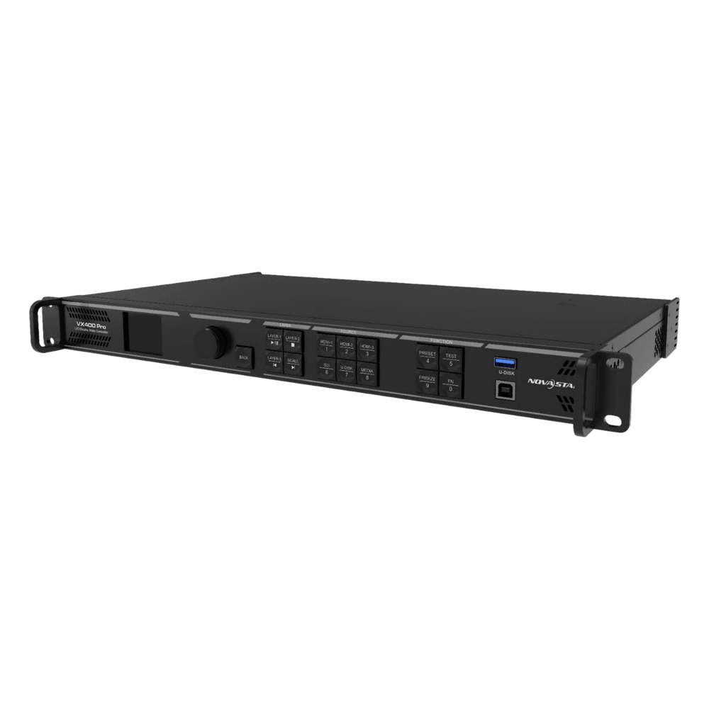 CONTROLADOR ALL-IN-ONE VX400 PRO / PROCESAMIENTO DE VIDEO 4K×2K@60HZ / 4 PUERTOS ETHERNET GIGABIT / 2.6 MILLONES DE PÍXELES / 6 CAPAS DE VIDEO / FIBRA ÓPTICA 10G / USB 3.0 PLAYBACK / CONTROL REMOTO