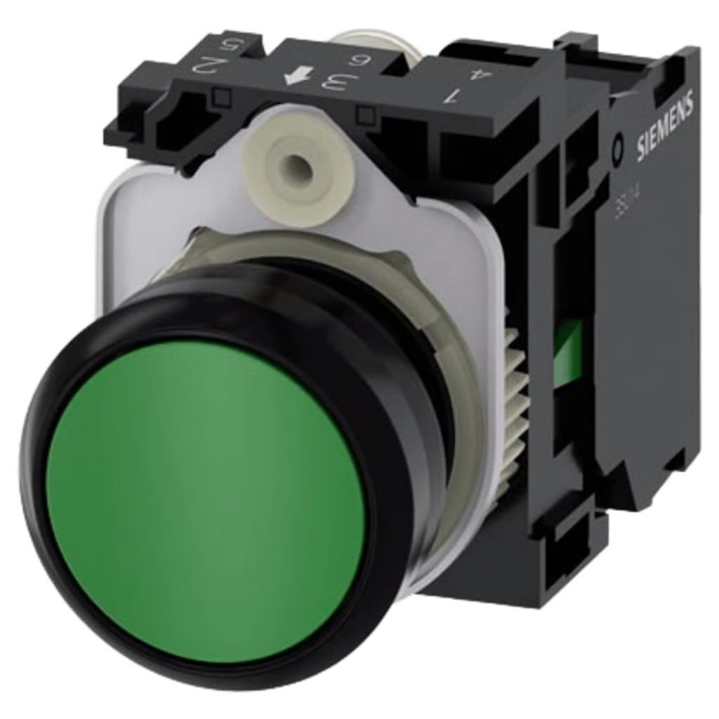BOTÓN 3SU11000AB401BA0 SIRIUS 22MM, COLOR VERDE, INCLUYE SOPORTE Y CONTACTO NORMALMENTE ABIERTO.