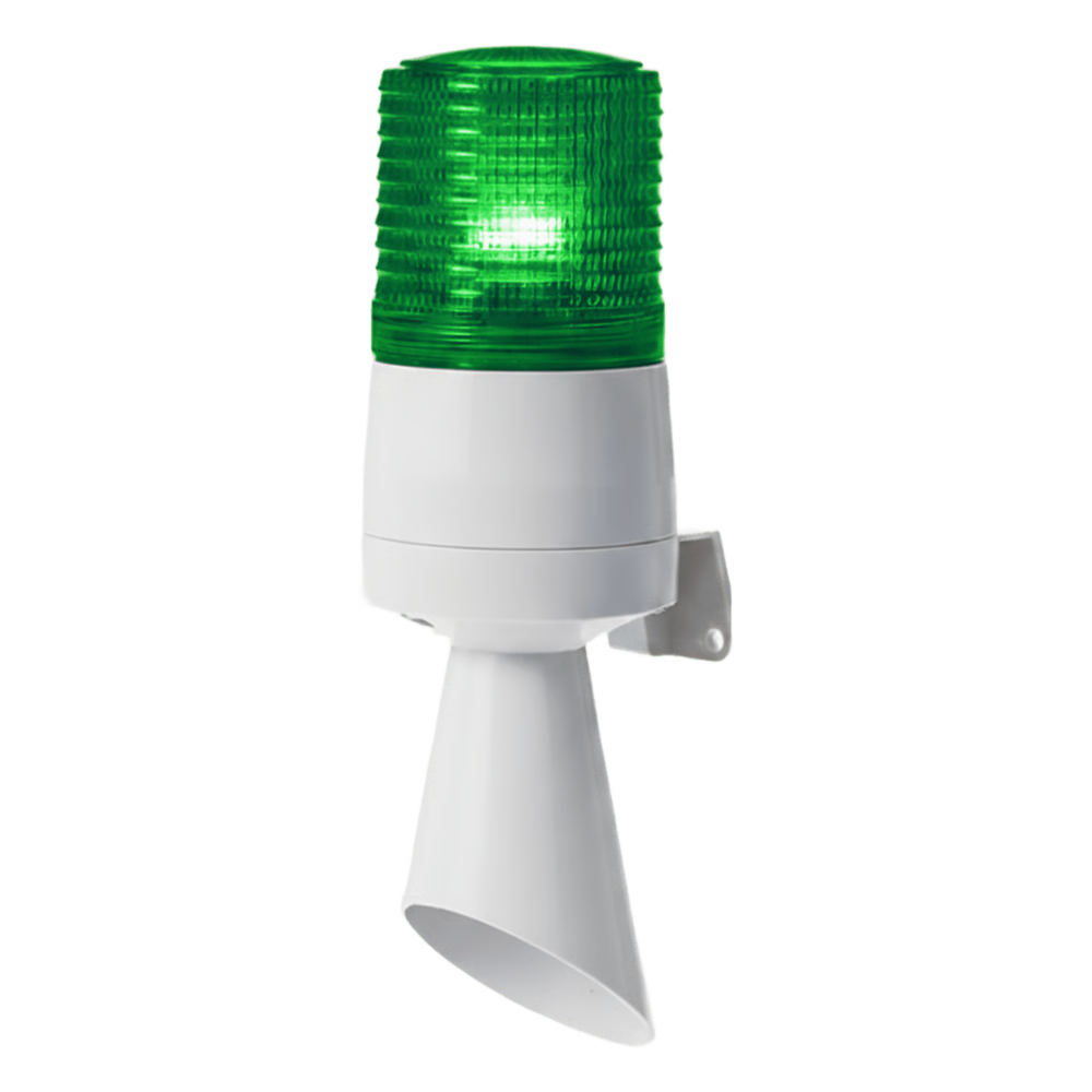 LUZ LED CON PATRONES DE DESTELLO FIJO Y DESTELLANTE CON BUZZER INCORPORADO DE ALTO VOLUMEN MÁX. 95 DB COLOR VERDE 24 VCD