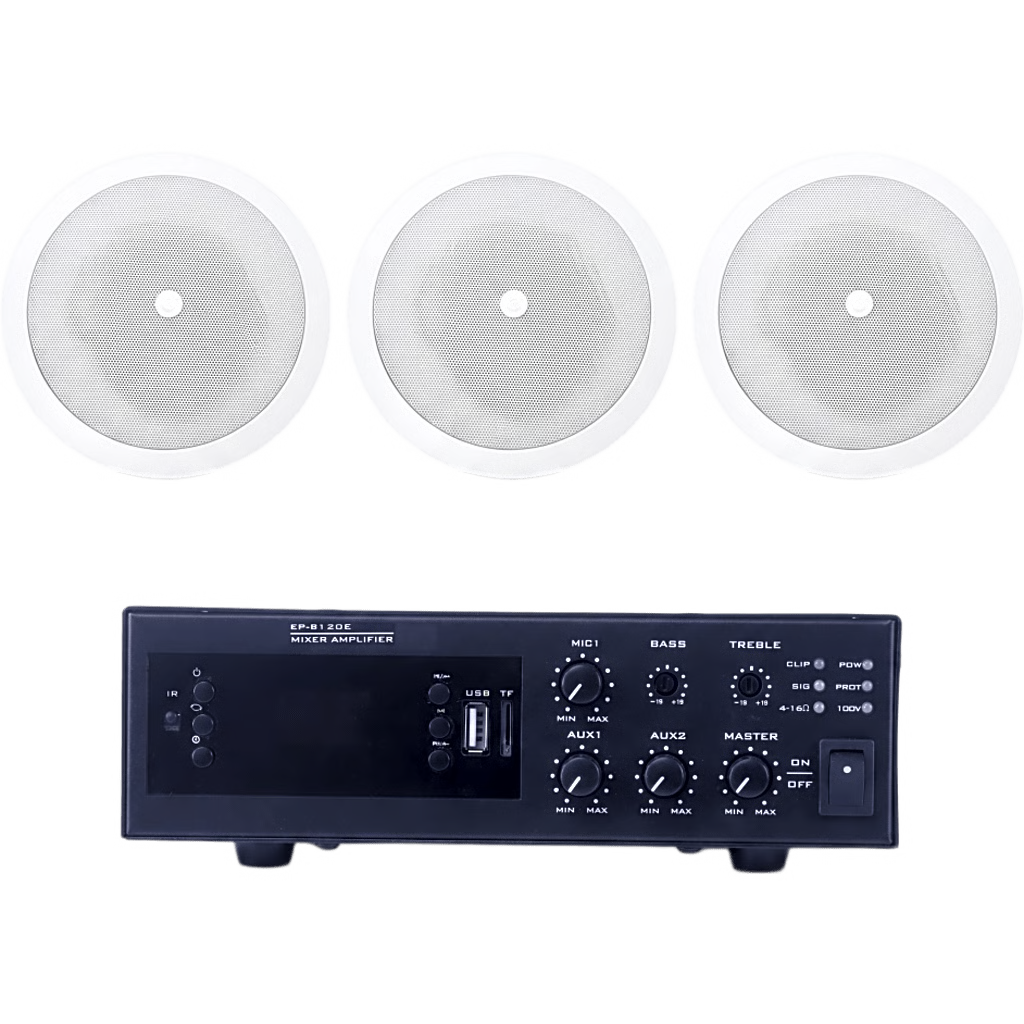 KIT DE AMPLIFICADOR DE 120W PARA ESCRITORIO | 3 ALTAVOCES DE PLAFÓN DE 5" | 3.75 - 30W | SISTEMA 70/100V