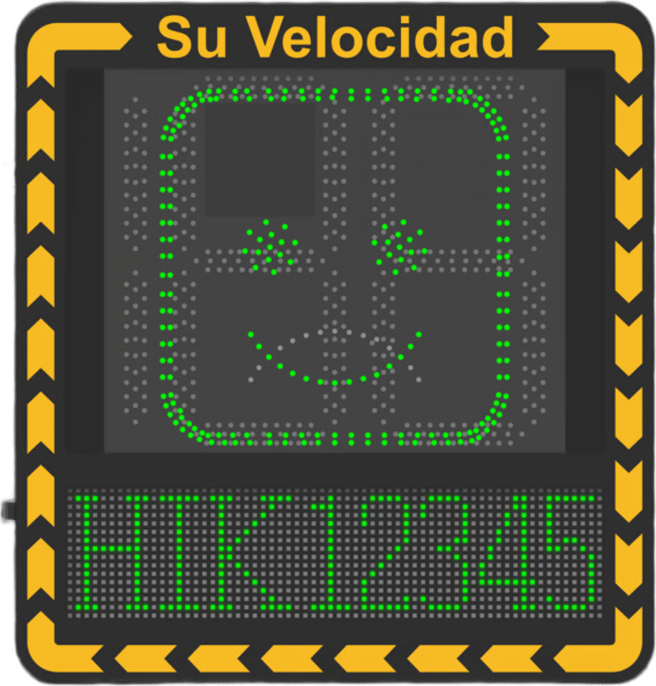 DISPLAY LED PARA CONTROL DE VELOCIDAD EXTERIOR / DISTANCIA VISIBLE DE 100 M / LED DE ALTA LUMINOSIDAD Y BAJO CONSUMO / VISUALIZACIÓN DE VELOCIDAD CON CÓDIGO DE COLORES / IP66 / CONECTIVIDAD WI-FI Y ETHERNET / COMPATIBLE CON TCP/IP, HTTP, DHC