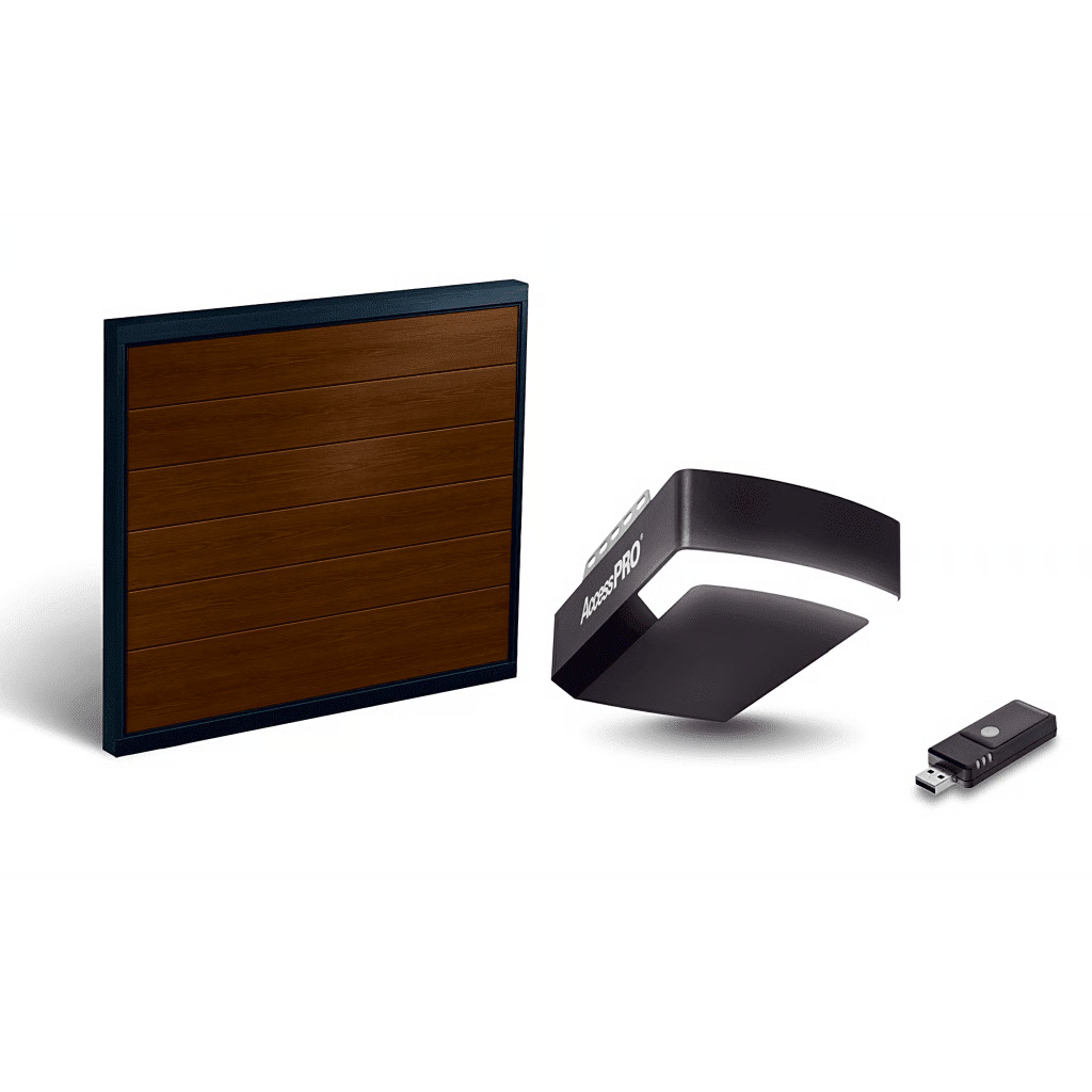 KIT COMPLETO INCLUYE /PUERTA D/ GARAGE / APDOORB 16X9 PIES / LISA LINEA CENTRAL / IMITACION MADERA / INSULADA / INTERFASE ACCESSWIFI / EXTENSION ACCESSEXTRAILC /MOTOR FS1000M / 1/2HP / FUERTE/SILENCIOSO/LUZ LED/MOTOR DC .