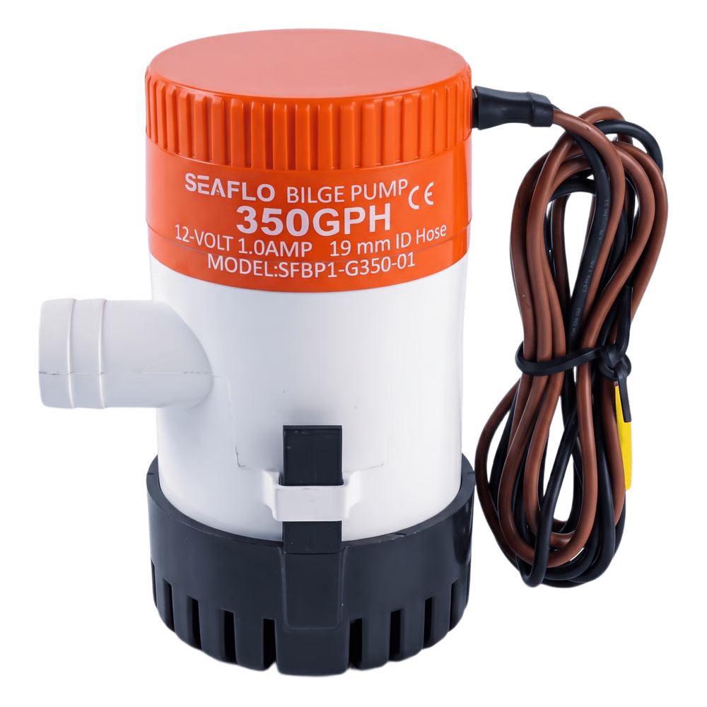 BOMBA DE ACHIQUE ELÉCTRICA MARINA SUMERGIBLE SEAFLO 12V / 350 GPH (1325 LPH) / NO AUTOMÁTICA / PROTECCIÓN ANTI-AIRE / SELLOS HERMÉTICOS / CABLEADO MARINO / BASE DE FILTRO REMOVIBLE