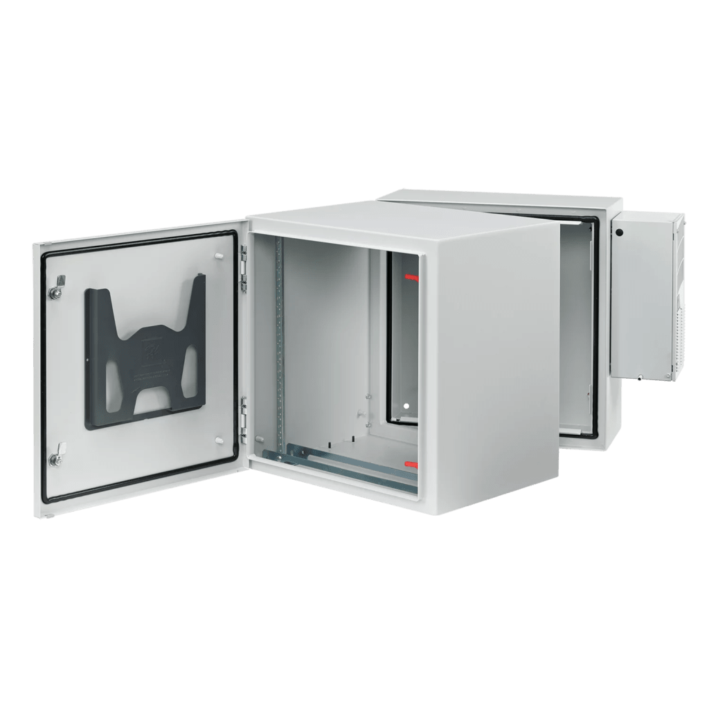 GABINETE INDUSTRIAL PROTEK DE PUERTA SÓLIDA, CON AIRE ACONDICIONADO DE 4000 BTU, PROTECCIÓN NEMA TIPO 4/12; IP66; IK10, ABATIBLE, FABRICADO EN ACERO, 19 UR, COLOR GRIS CLARO