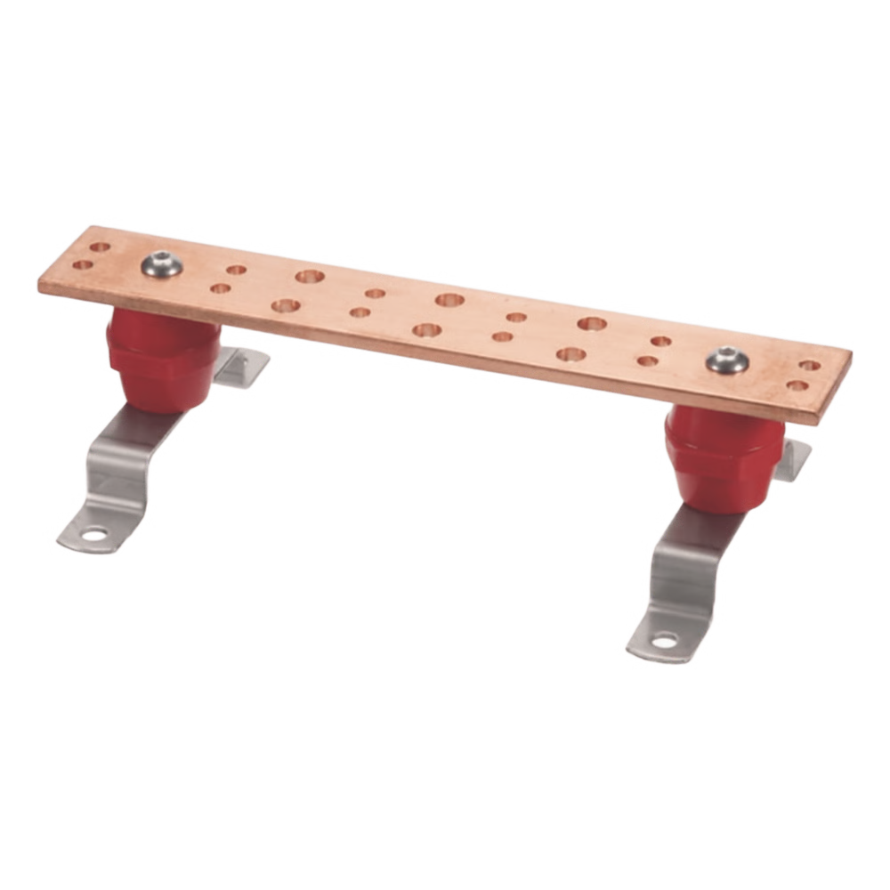 BARRA UNIÓN TELECOM TMGB / 12 X 2 X 1/4 IN / COBRE 100% / 6+12 ORIFICIOS / MONTAJE MURO INCLUIDO / AISLADORES ROJOS / J-STD-607-A