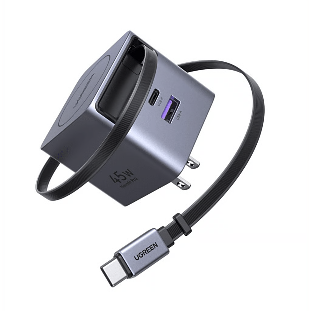 CARGADOR RÁPIDO UGREEN 45W GAN / CABLE RETRÁCTIL 0.7M / 3 PUERTOS USB-C + USB-A / TECNOLOGÍA GANINFINITY 95% EFICIENCIA / 8 CAPAS PROTECCIÓN / CARGA SIMULTÁNEA 3 DISPOSITIVOS / COMPACTO PARA VIAJES